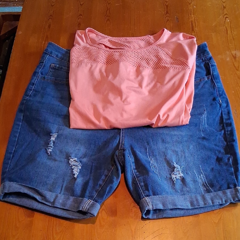 Blue Denim Women's Shorts, With Cute Orange Top